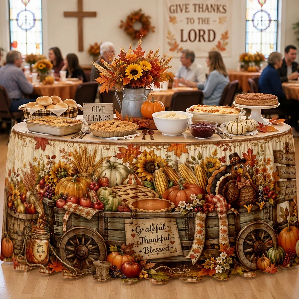 Table Skirt for Parties - Polyester Autumn Harvest Farmhouse Decorative Table Center Decor - Kitchen Autumn Festival