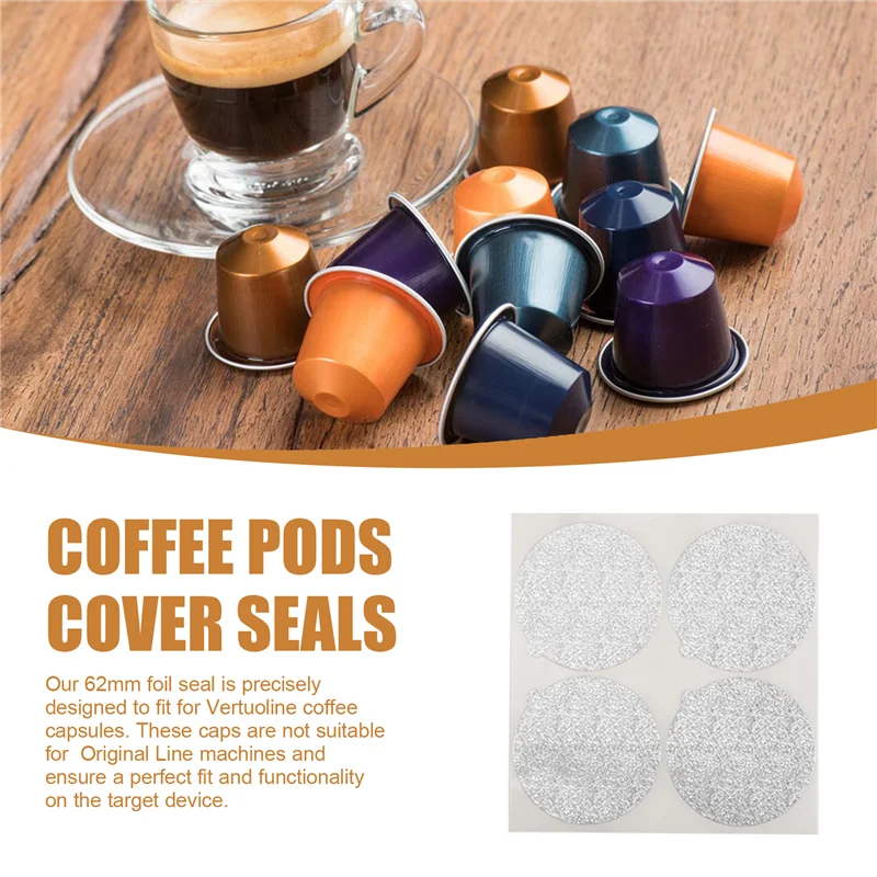 أختام أغطية رقائق الألومنيوم - كبسولات إعادة الاستخدام كبسولات القهوة 120 قطعة، لإعادة استخدام غطاء كبسولات القهوة Vertuoline Vertuo 62 مم