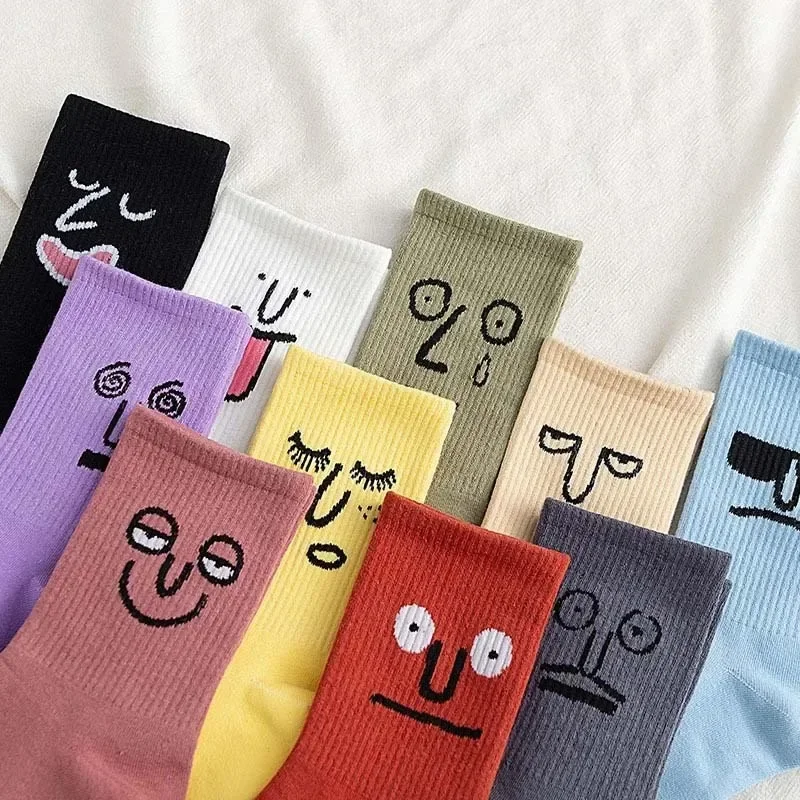 Men Socks Korea Harajuku Colorful Funny Middle Tube Sock Women Fashion Cotton Kawaii Expression Art Face Streetwear Calcetines