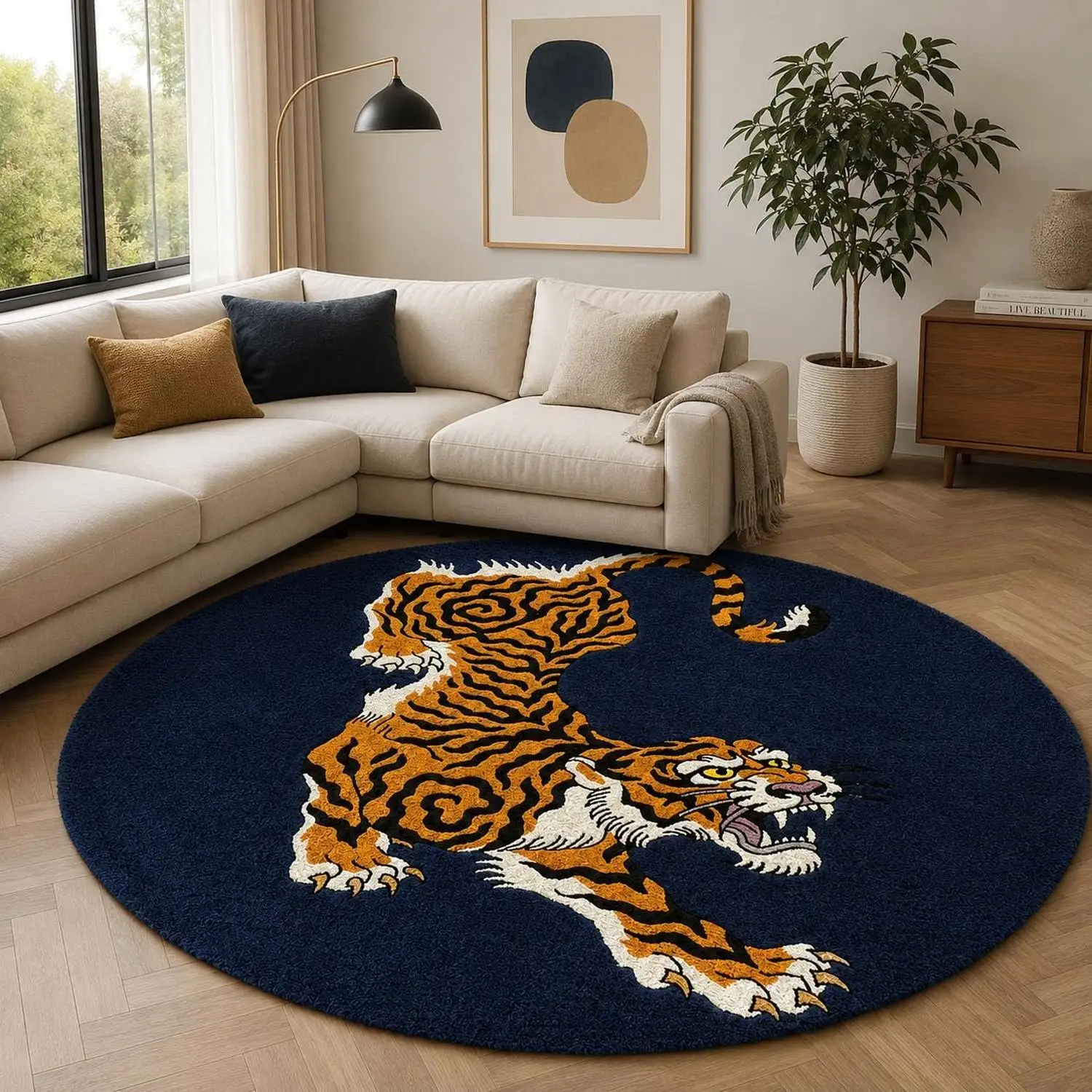 【Room Decor Carpet】Round Tibetan-Style Tiger-Pattern Carpet, Eye-Catching Carpet, Bold Animal Art Round Carpet, Suitable for Modern Living Room Decoration
