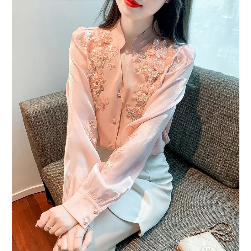 Women Embroidery Beaded Vintage Elegant Shirt Spring Autumn Fashion Chic Blouse Long Sleeve V Neck Loose Tops Solid Sweet Blusas