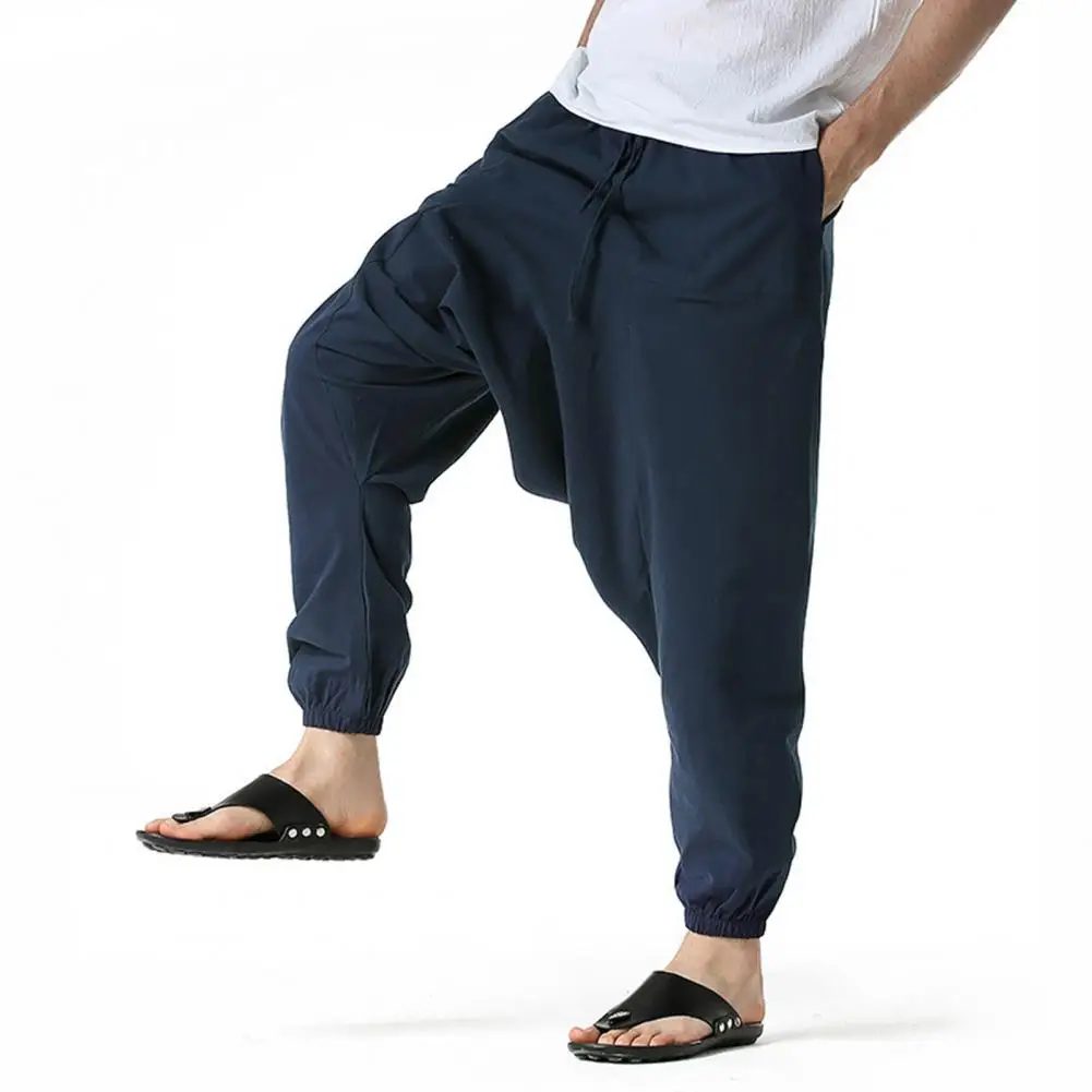 Men's Saggy Casual Pants Deep Crotch High Stretch Rope Elastic Belt Pocket Loose Pants Travel Casual Pants