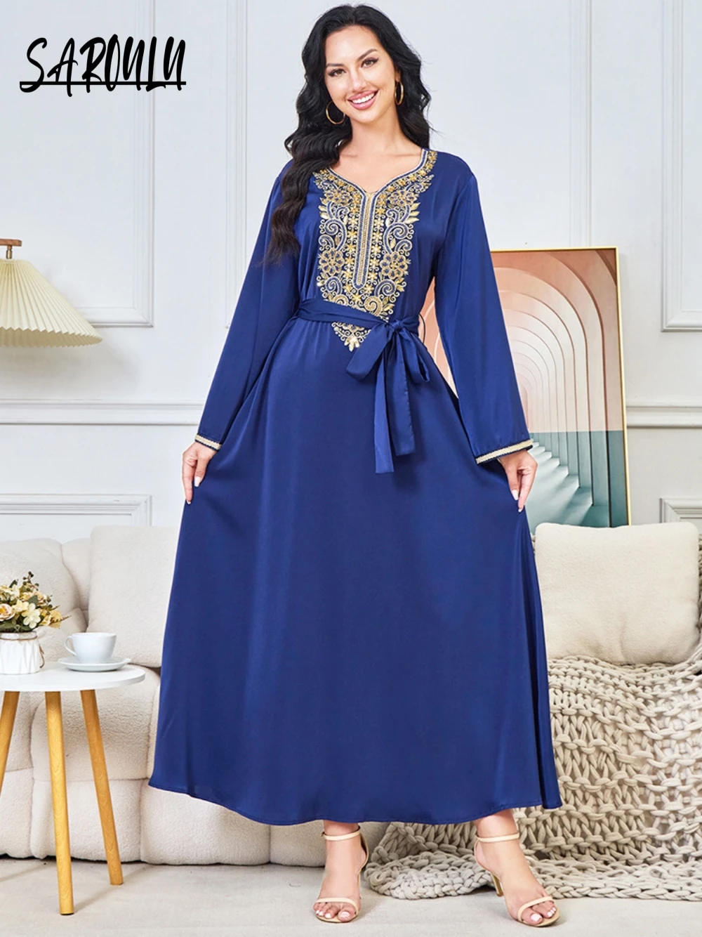 Fashion Abaya Festival Evening Dress Muslim Elegant Blue Long Sleeves Prom Customized Women Caftan A Line Formal Events Wear