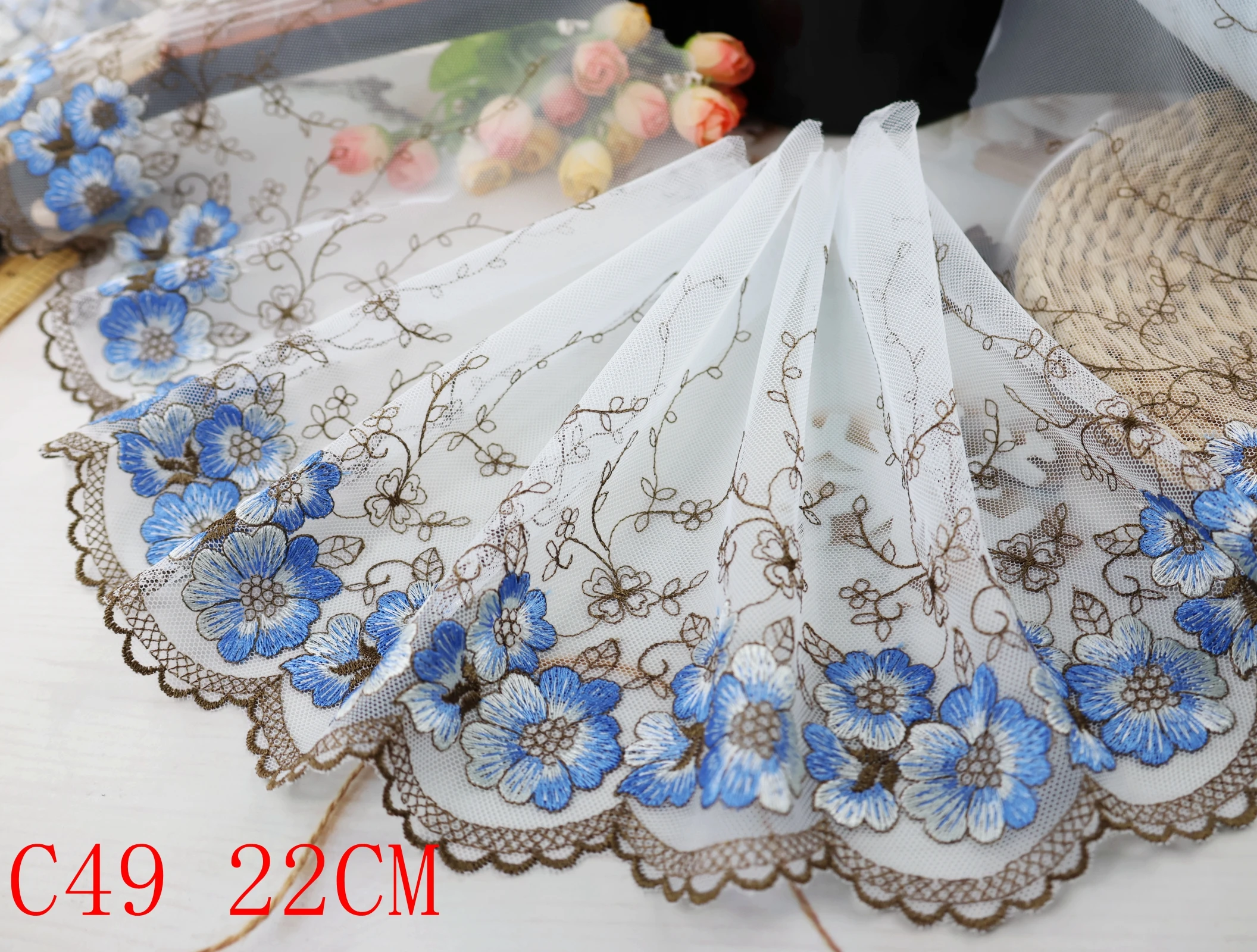 Wholesale lot 22CM wide 1yard Delicate Blue Embroidered flower tulle Lace Trim sewing Craft DIY Trimming Decor