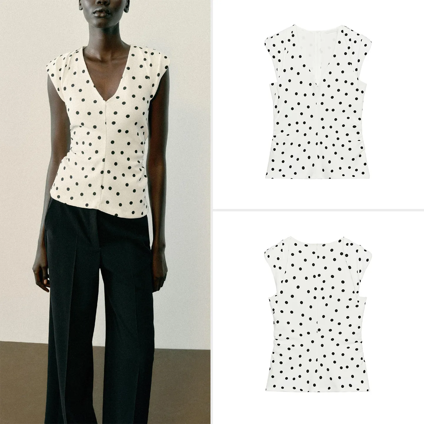 Women's Shoulder Pad Top Sleeveless V-neck Polka Dot Pleated Summer Autumn Fashion Design Casual Wear Regular Length