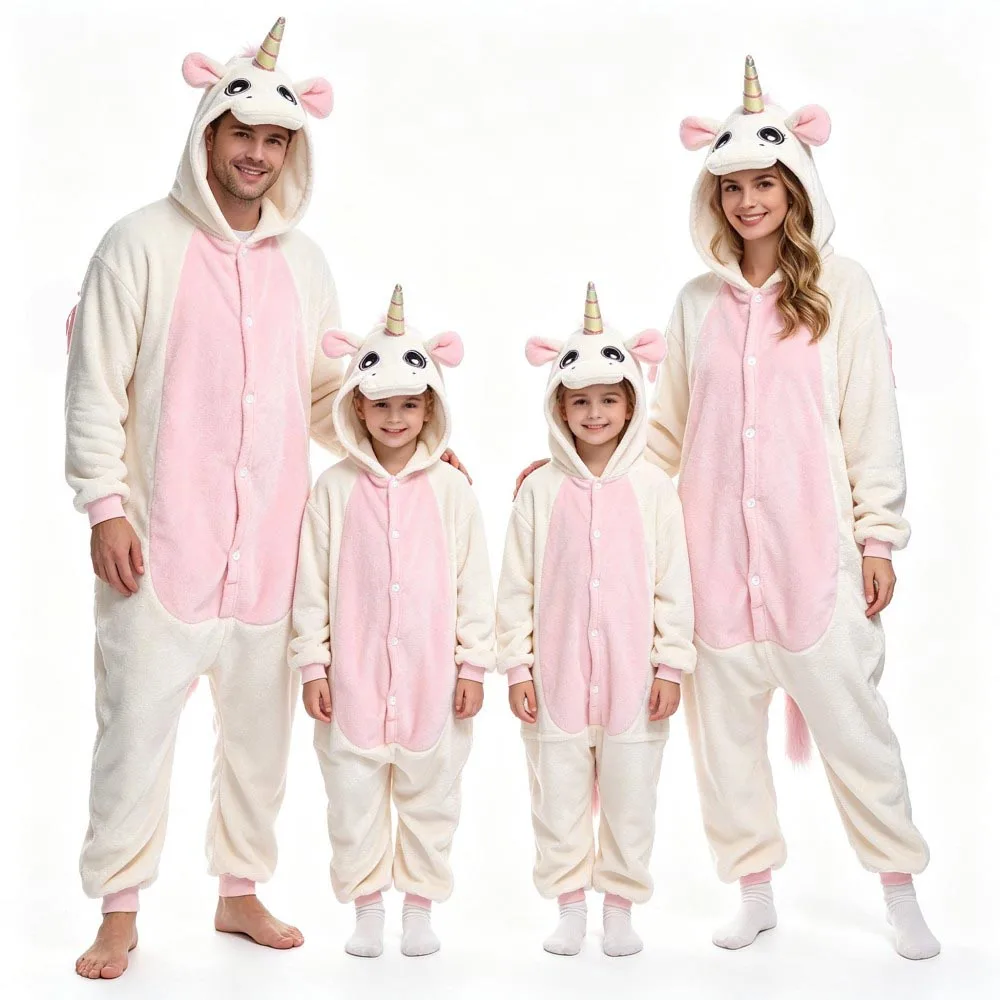 Christmas Party Family Matching Outfit Flannel Hooded Onesie Adult Pajamas Skeleton Pumpkin Clown Deer Unicorn Cosplay Jumpsuit
