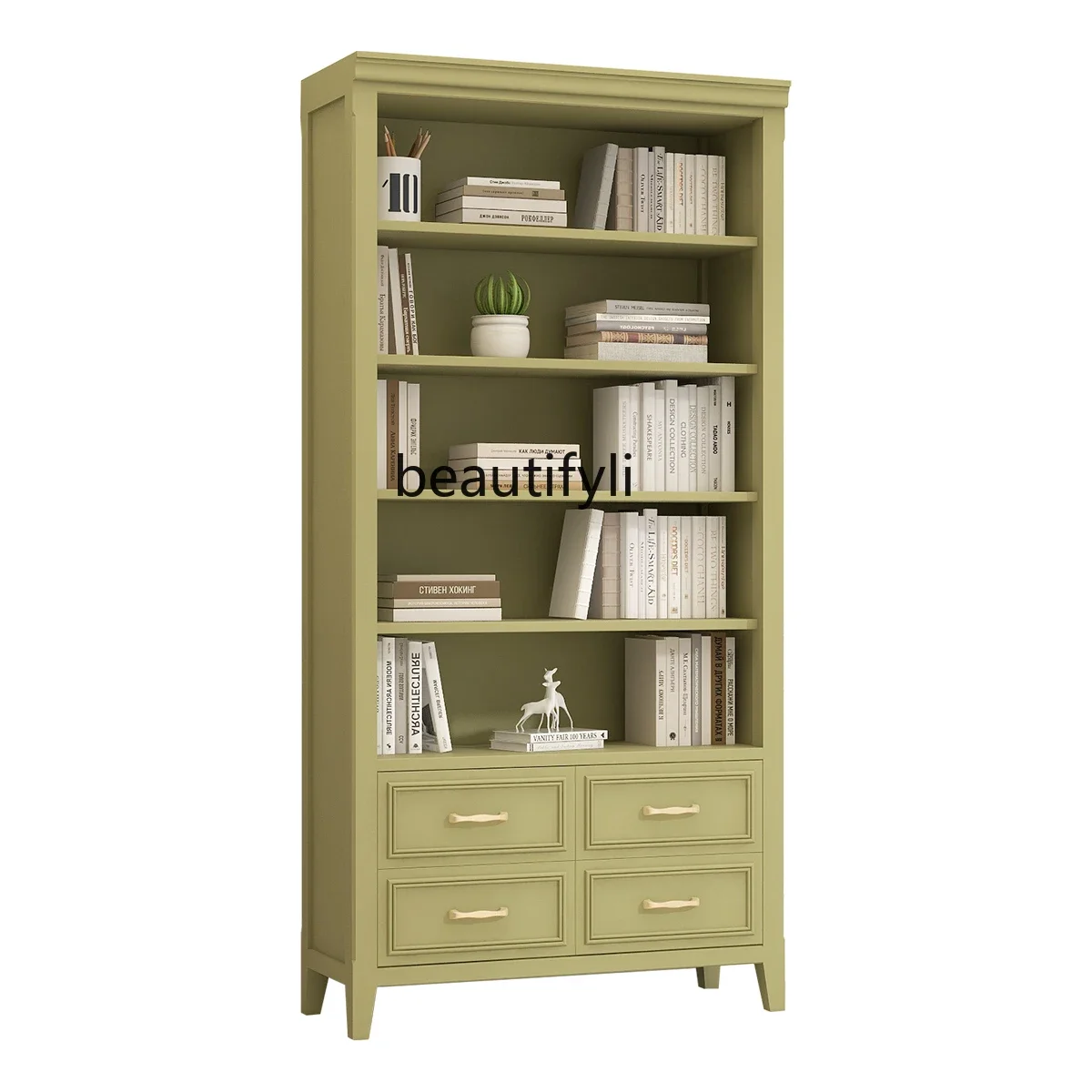 

Pastoral mustard green display cabinet Storage bookcase Locker against the wall Open high cabinet against the wall