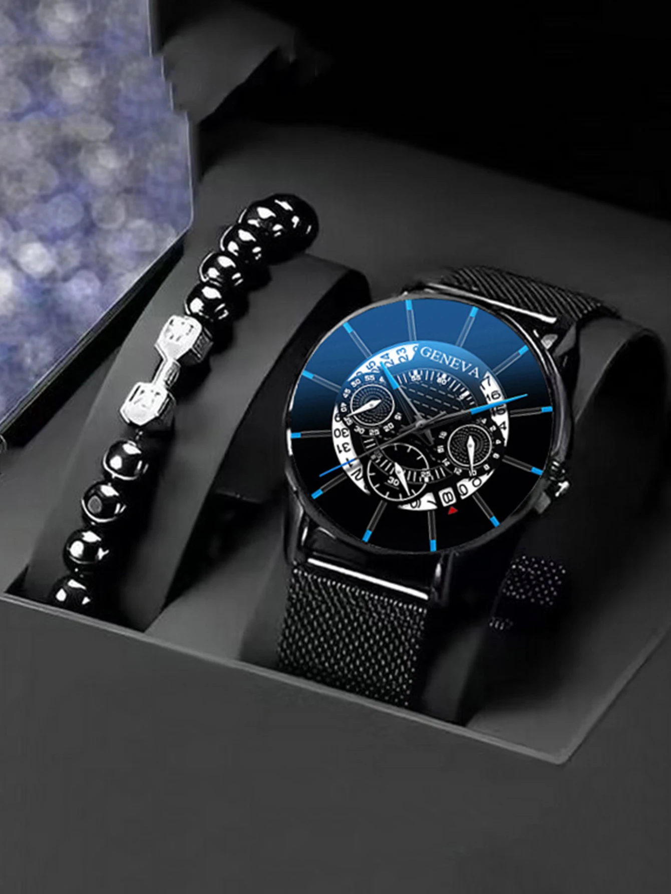 أزياء رجالية جديدة متعددة الاستخدامات بقرص دائري وحزام فولاذي كوارتز وسوار من الخرز مجموعة هدية جو راقية