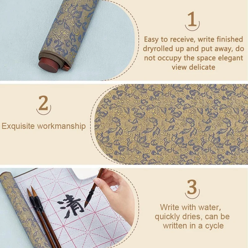 4Pcs No Ink Chinese Calligraphy Practice Set Reusable Water Writing Cloth Scrolls Chinese Calligraphy Writing Brushes