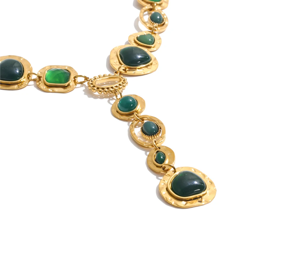 Yhpup Edelstahl-Halskette mit grünem Harz und Y-Kette, Statement-Halskette im Herbst-Winter-Stil, beliebter Charm-Schmuck – Detail 2