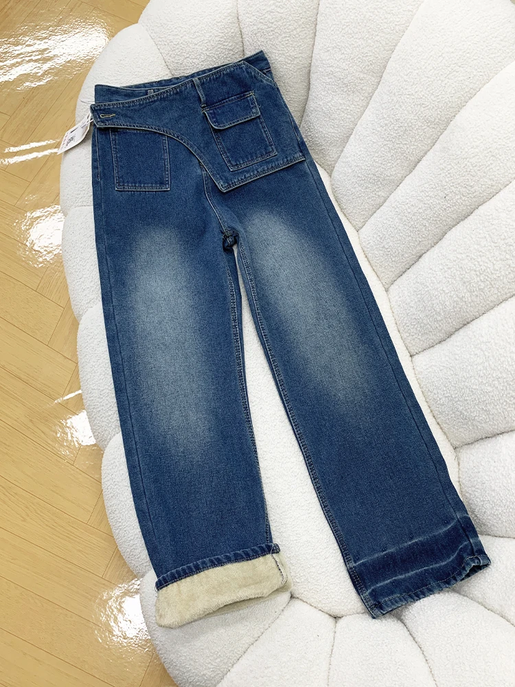 Winter Women's Velvet Jeans Design Sense Fake Two Piece Thickened Loose Wide Leg Pants High Waist Slim Warm Denim Trousers