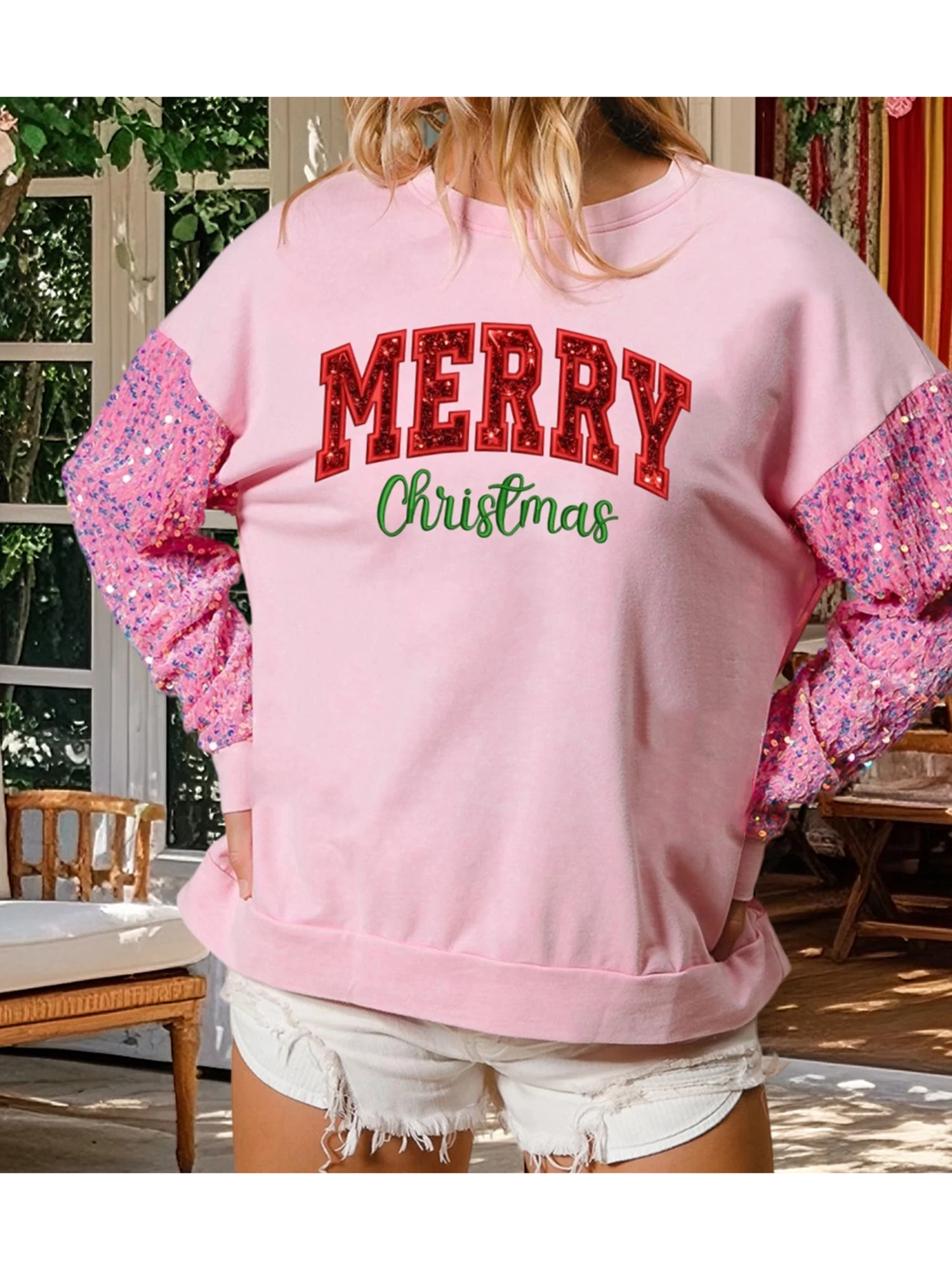 女性のカジュアルクリスマスセーター長袖ラウンドネックスパンコール文字刺繍ジャンパートッププルオーバースウェットシャツ