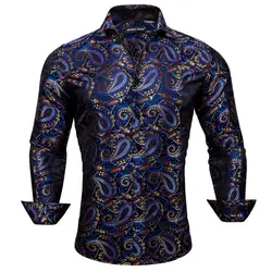 Barry Wang-Camisas masculinas de seda de manga comprida, blusas masculinas slim fit, tops casuais com lapela, camisas luxuosas azuis, douradas, paisley vermelha, primavera e outono