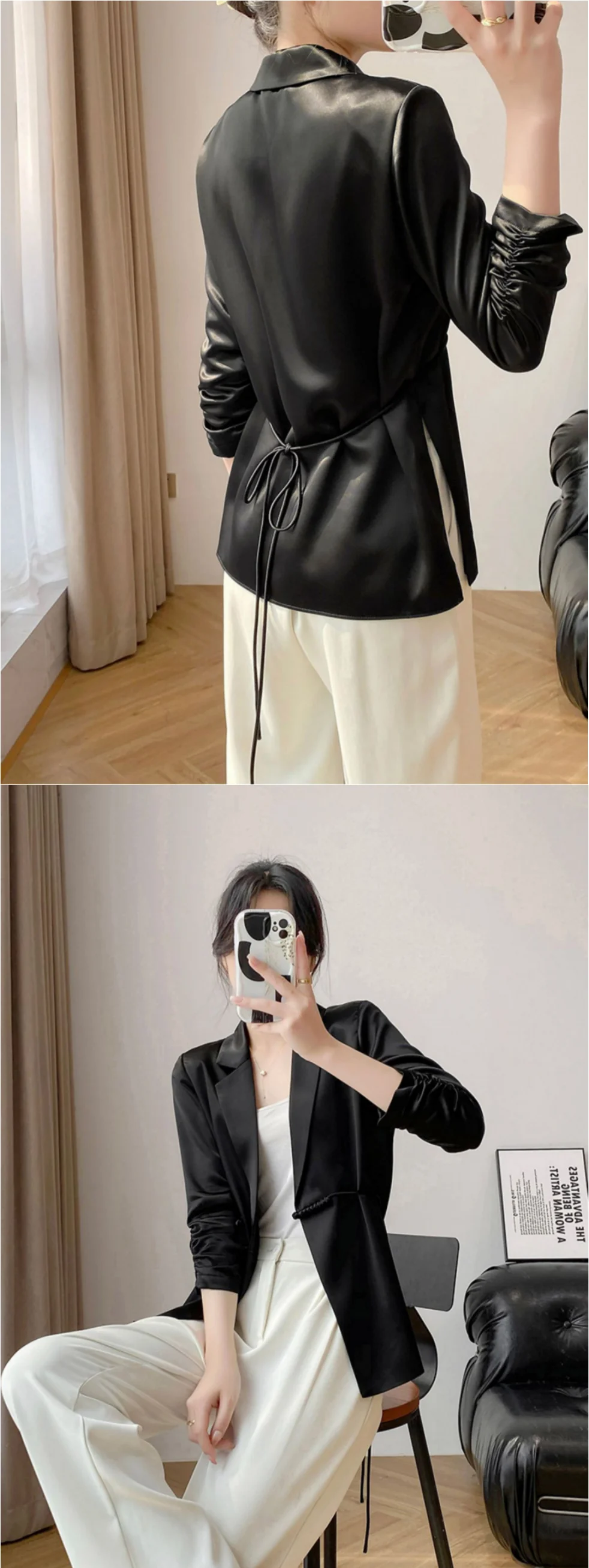 Damenjacke für Frühling und Herbst, neue Arbeitskleidung im chinesischen Stil, modischer und eleganter weißer Freizeitblazer, Satin-Acetat-Stoff, schwarzer Blazer mit Dreiviertelärmeln und einem Knopf – Detail 6