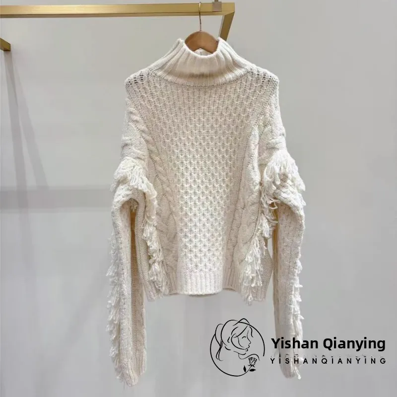 

Вязаный топ, женский высокий воротник, модный, с кисточками, украшенный, универсальный, осенне-зимний, Новое поступление, длинный во французском стиле...