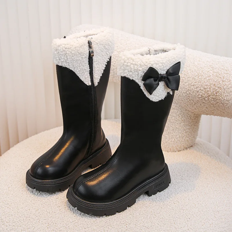 

Winter Girls Long Boots Furry Warm Children Fashion Princess Boots Sweet Side Bowknot Kids Causal Catwalk Plush Boots Non-slip