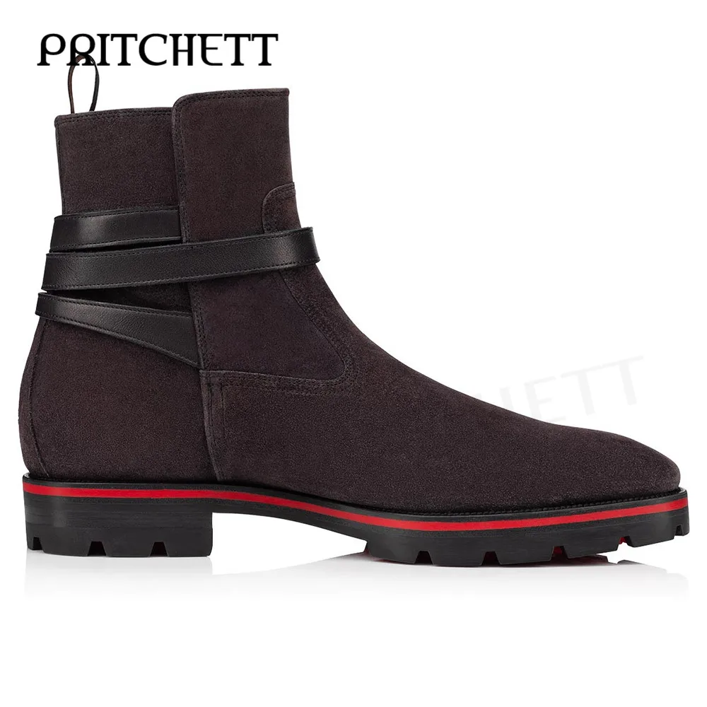 Black Suede High Heels Ankle Boots Belt Buckle Ankle Boots Pull-On Style Personality Casual Fashion Large Size Men's Boots