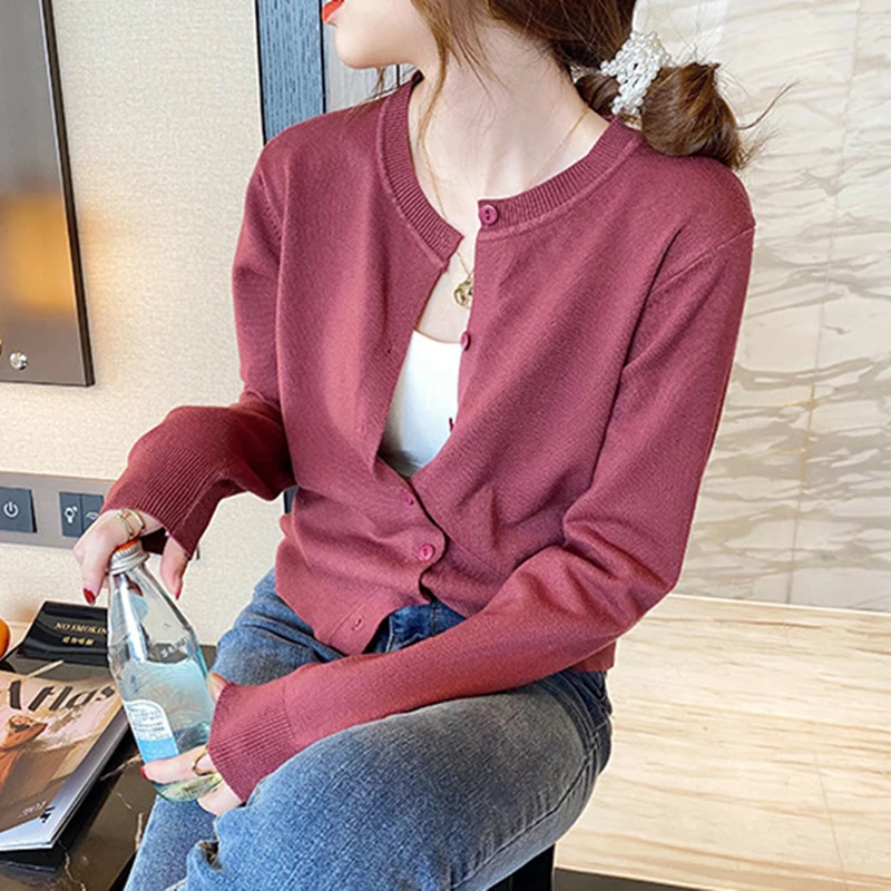 

Spring Autumn Women Long Sleeve Button Basic Cardigans O Neck Lady Knitted Tops Solid Single-breasted Soft Cardigan Sweaters