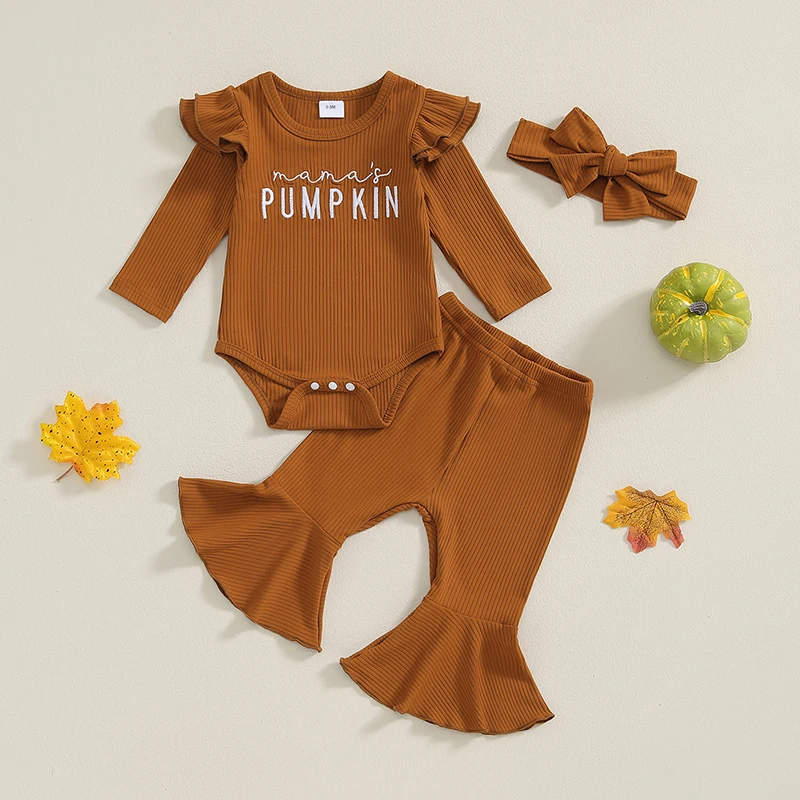 

Newborn Infant Baby Girl Clothes Letter Pumpkin Ribbed Long Sleeve Romper Pants Headband Outfits Set Autumn Clothes