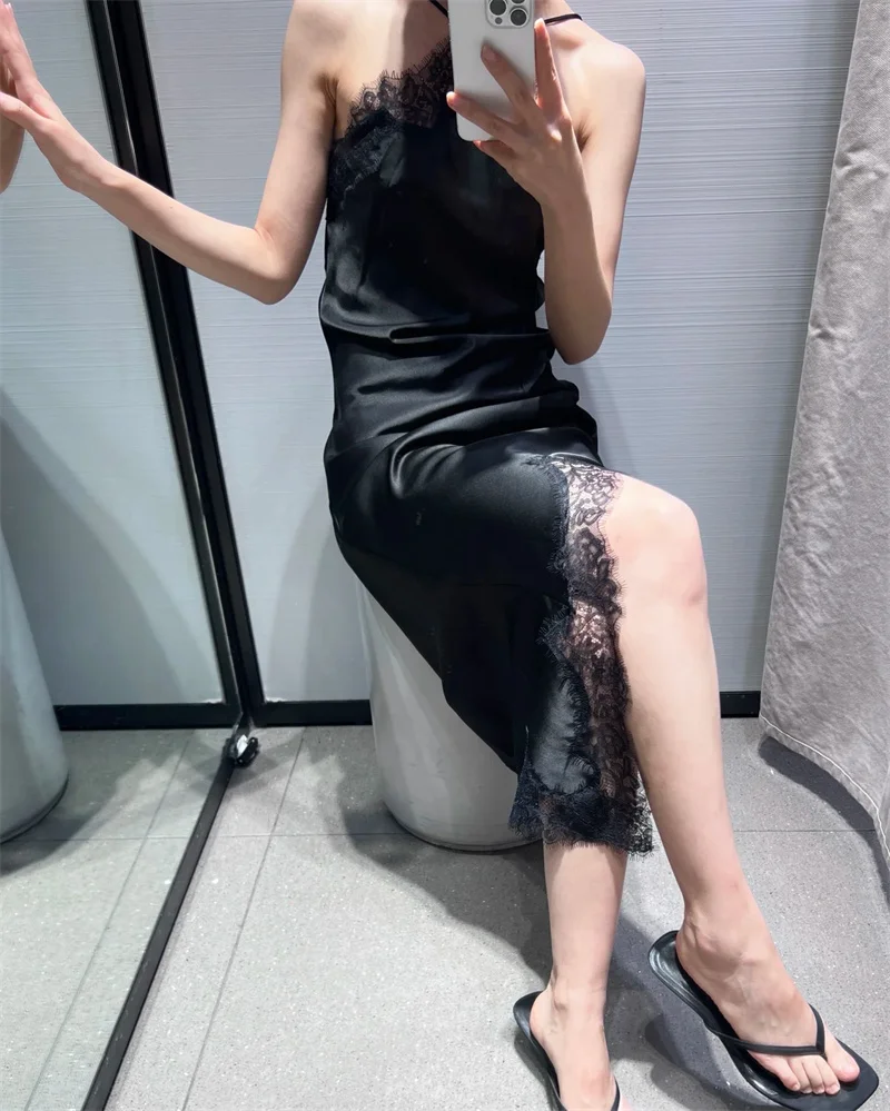 2025 nouvelle robe d'été pour femmes noir jarretelle soie Satin dentelle robe irrégulière Sexy et élégante personnalité mode