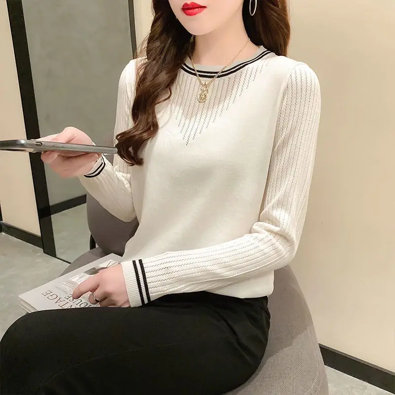 Spring Autumn Korean Version Slim Long Sleeve Pullovers Women Clothing Elegant Fashion O-neck Tops Casual Thin Knit Jumpers