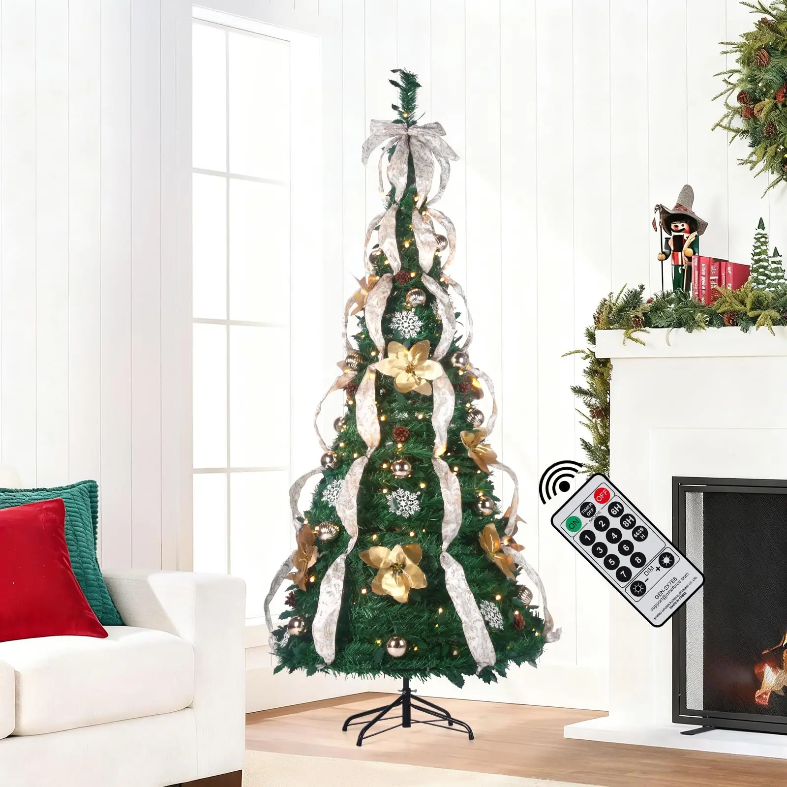 6.5FT Pop Up Christmas Tree Pre-Decorated with LED Lights Instant Setup Foldable Xmas Tree for Indoor&Outdoor