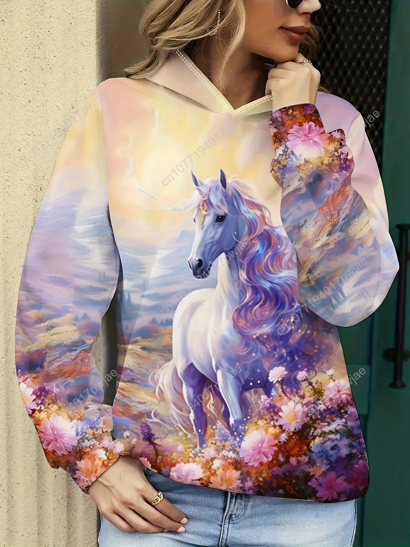 Damessweatshirt met capuchon en eenhoorn- en bloemenprint - trui met lange mouwen en pastelgradiënt, gezellige medium stretchstof, machinaal was