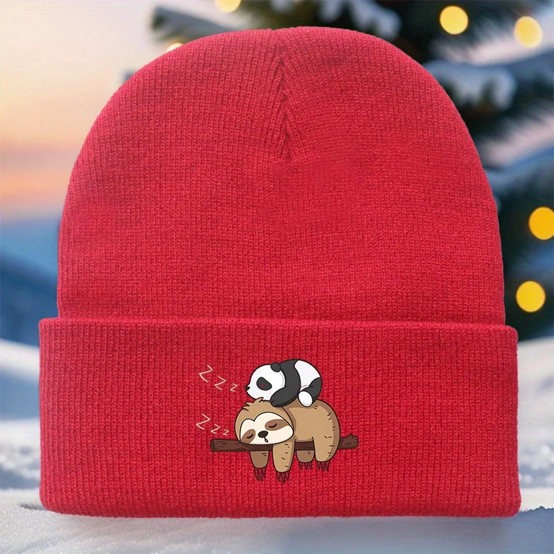1pc Cute Sloth Panda Print Beanie Hat Sloth or Panda Matching Winter Cap, Soft Stretchy Unisex