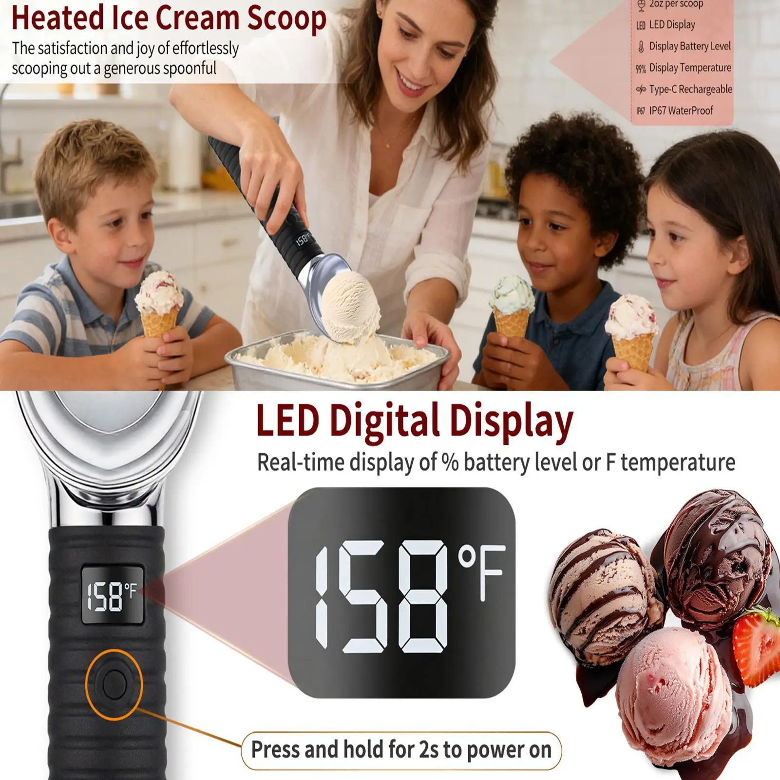 

Heated Ice Cream Scoop 131/158 Waterproof Rechargeable LED Display Metal Heated Food Scoopers For Kitchen Dessert Buffet