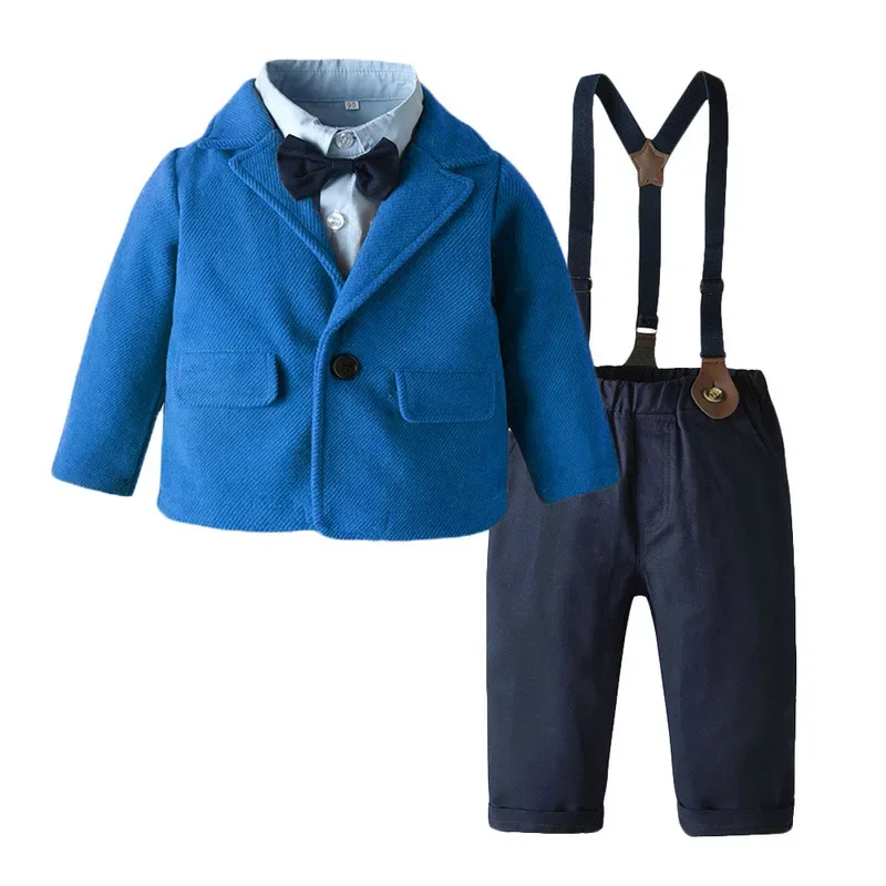 Autumn and winter brand childrens clothing mens treasure blue suit long sleeved shirt shoulder strap pants three piece set 신생아