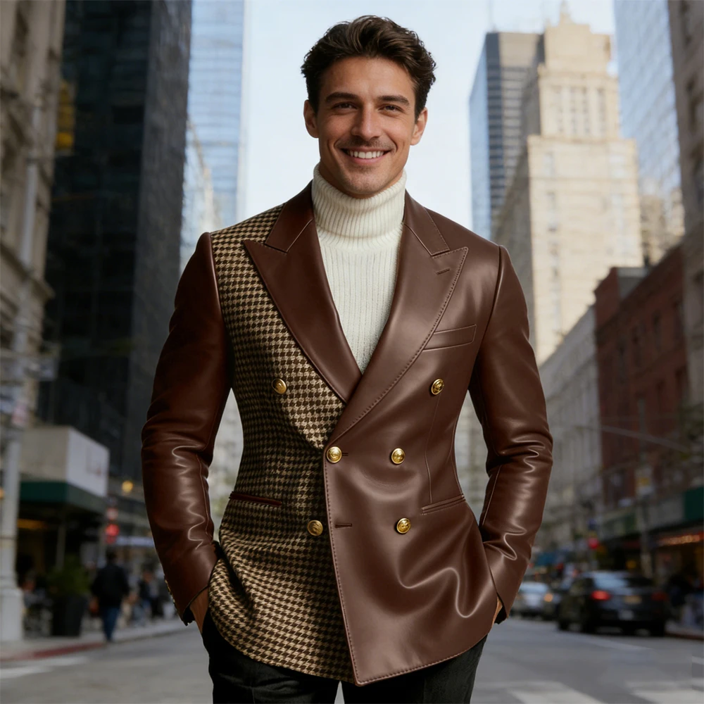 

Мужской пиджак из искусственной кожи с узором «гусиная лапка», двубортный, с острыми лацканами, золотыми пуговицами, приталенный, для делового повседневного стиля