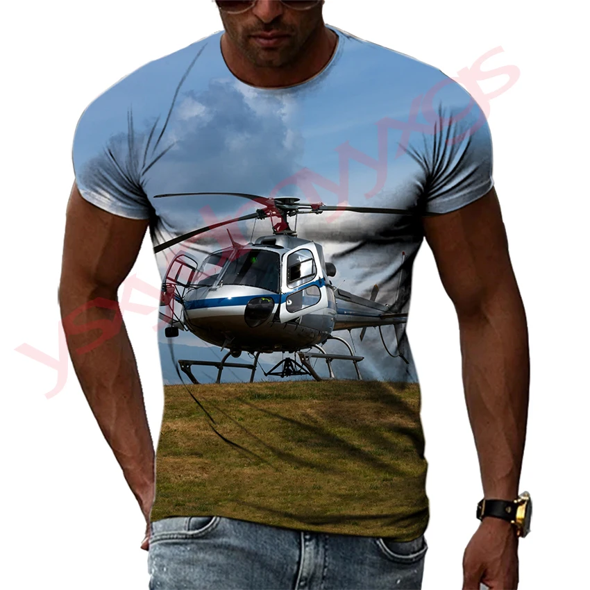 Summer Helicopter Pattern Men\'s T-shirt Hip Hop 3D Print Personality Neck Short Sleeve Fashion Clothes