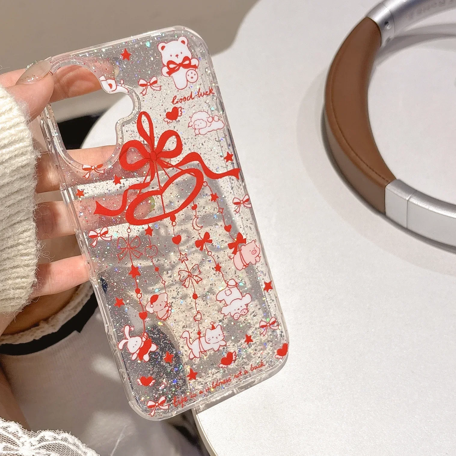 바람 종소리 동물 빨간색 활 넥타이 아트 반짝이 투명 전화 케이스, 아이폰 16 15 14 13 프로 맥스 케이스, 귀여운 럭셔리 만화 커버