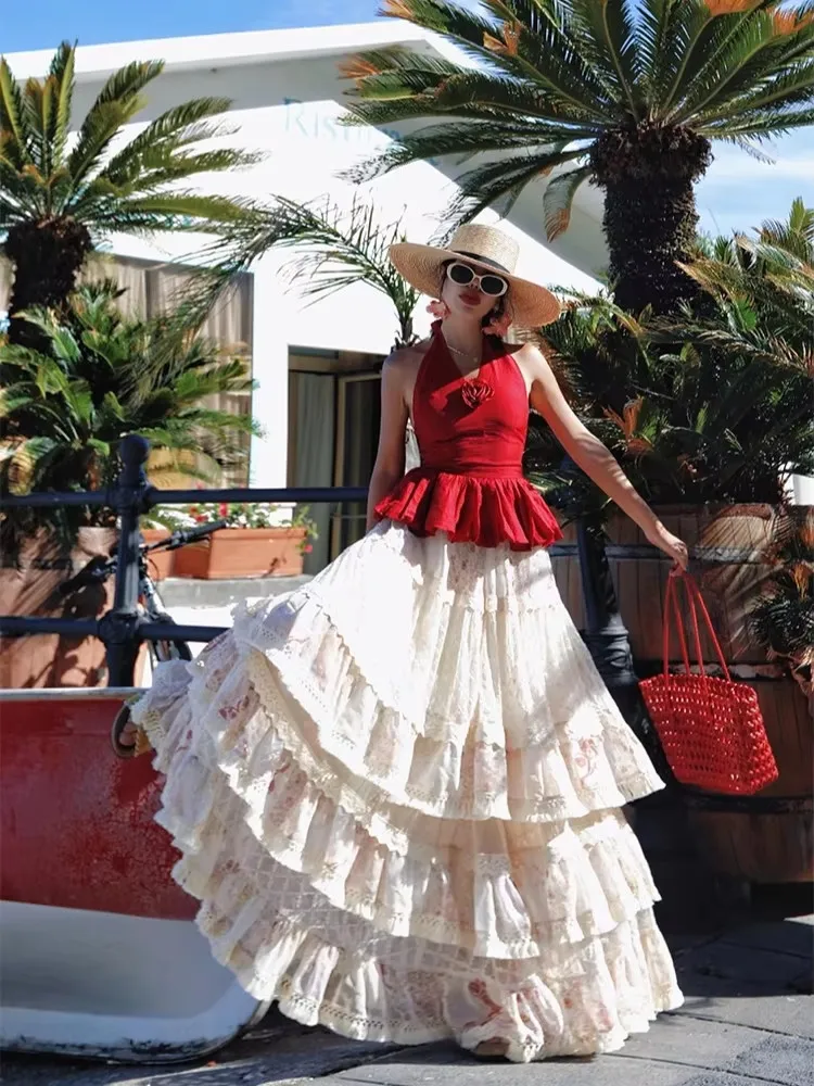 

64-76cmWaist Holiday Long Skirts Women Korean Fashion Elegant Sweet Ruffles Print Chiffon Lace Patchwork High Waisted Cake Skirt