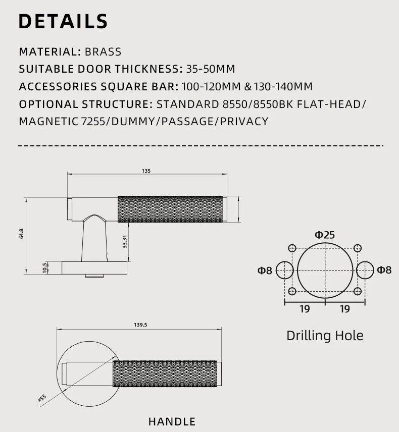 Dooroom Messing-Türschloss-Set, gerändelt, Schnuller, Durchgang, Sichtschutz, Schlafzimmer, Wohnzimmer, Badezimmer – Detail 4