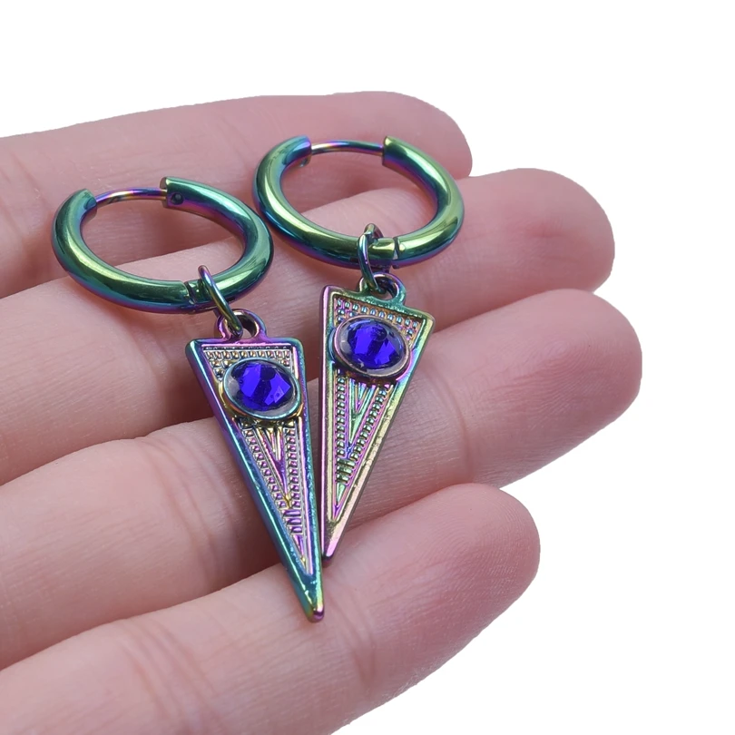 Punk Dark Blue Rhinestone Inverted Triangle Pointed Cone Earrings For Women Men Accessories Rainbow Stainless Steel Hoop Jewelry