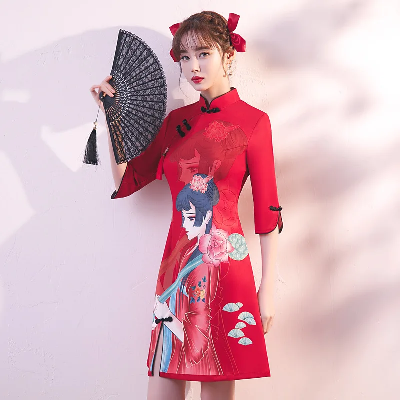 Red Vintage A-Line Cheongsam Female Floral Short Dress Chinese Traditional Silk Women Qipao 4 Colors S To 3XL