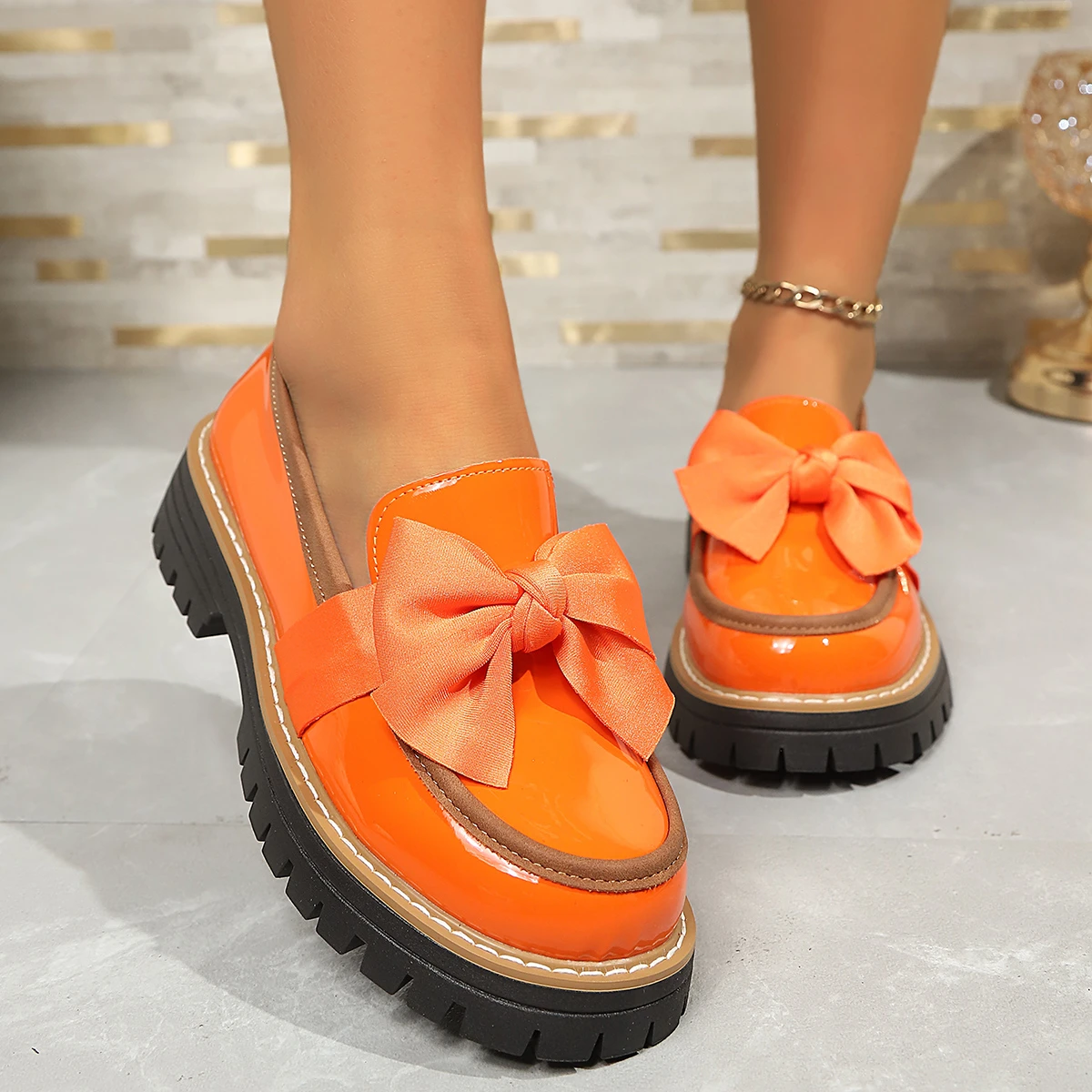 

Fashion Leather Bow decoration Loafers Women Thick Platform Slip-On Shoes Everyday Casual outdoor British style single shoes