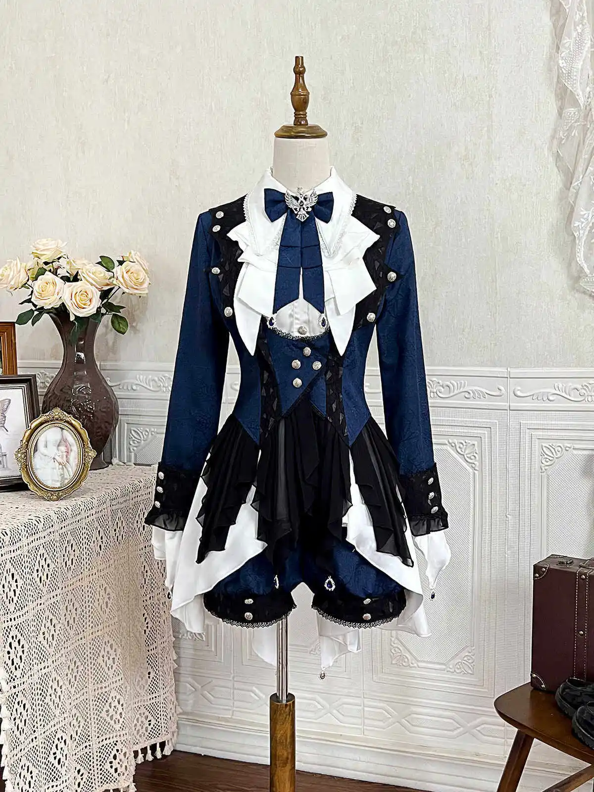 

Gothic Lolita Outfit Navy Blue Vintage Aristocrat Prince Suit Full Set Cosplay Costume Jacket + Dress + Shorts