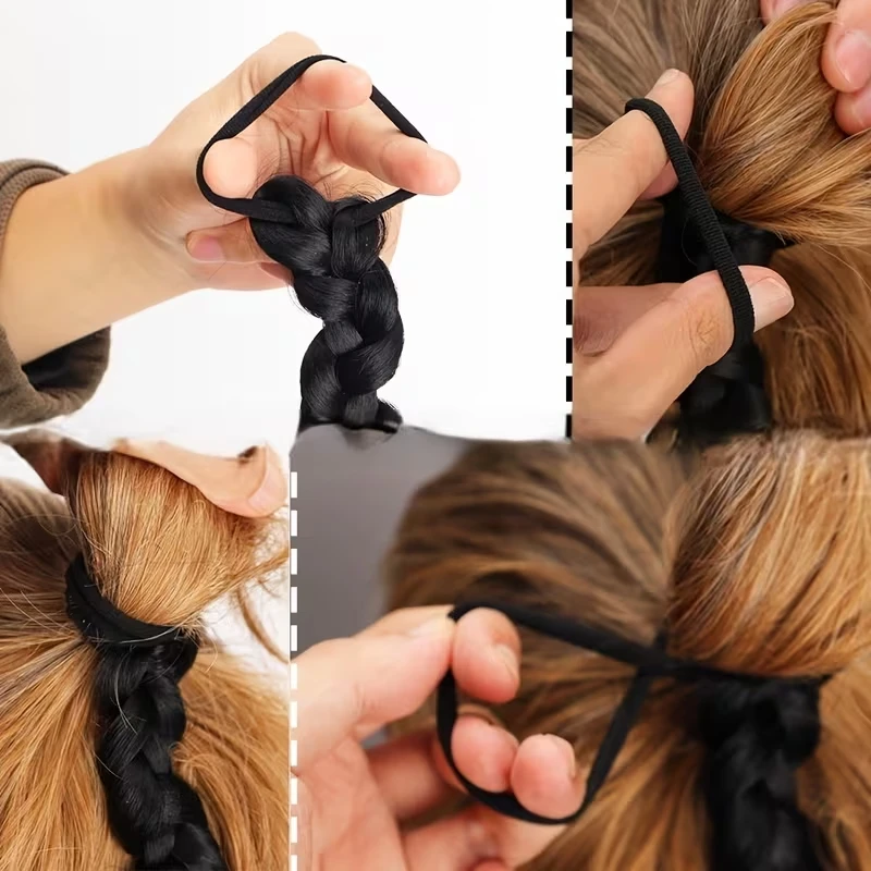 Extensión de cola de caballo sintética larga y lacia con trenza, elástico de goma, clip, postizo negro para mujer, uso diario 4