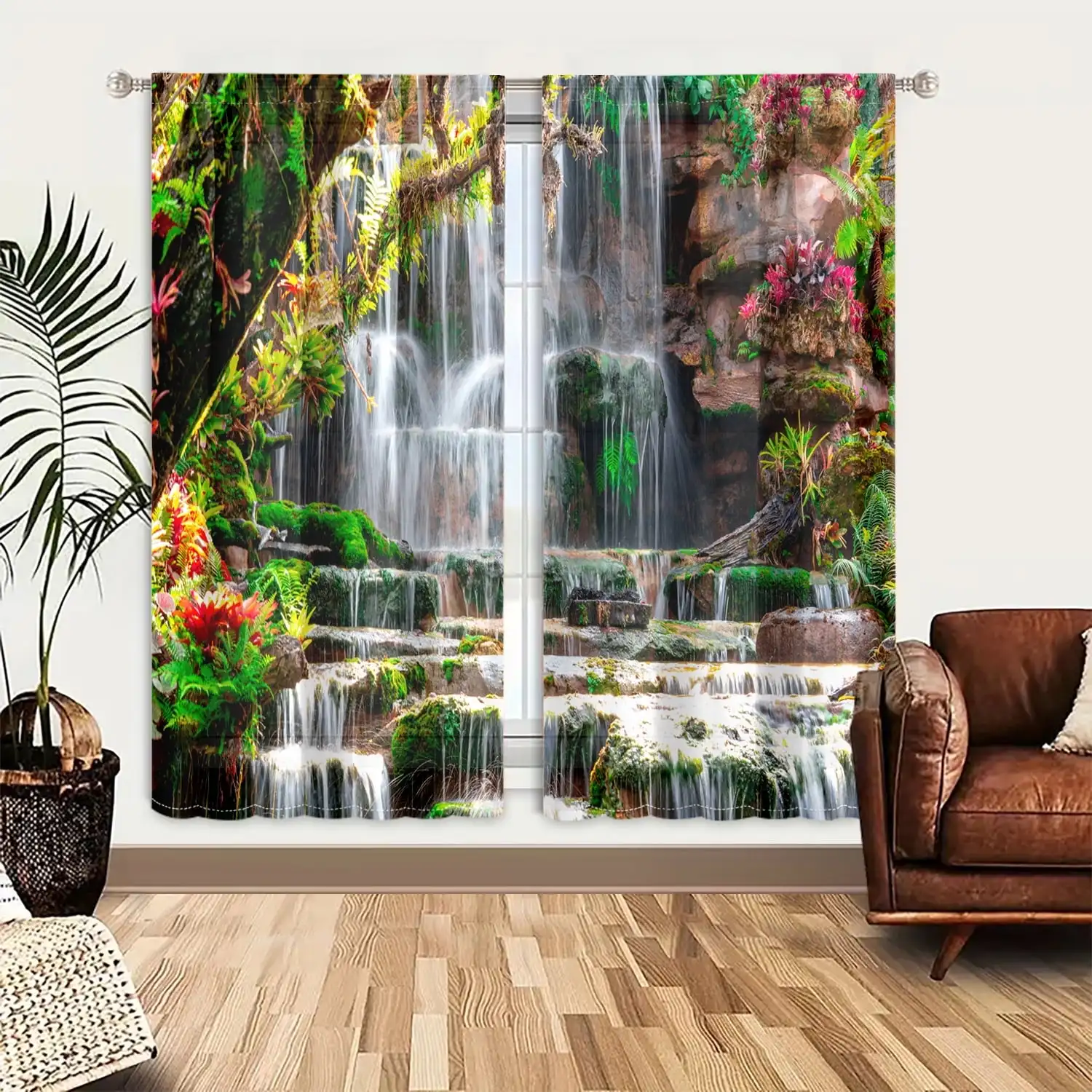 2pcs Curtains Peach Skin Polyester Artistic Nature Waterfall Landscape Rod Pocket Bedroom Living Room Home Decor