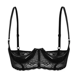 Womens Lingerie Open Breast Bra Underwear Patent Leather 1/4 Cup Underwired Bra Adjustable Shoulder Straps Floral Lace Brassiere