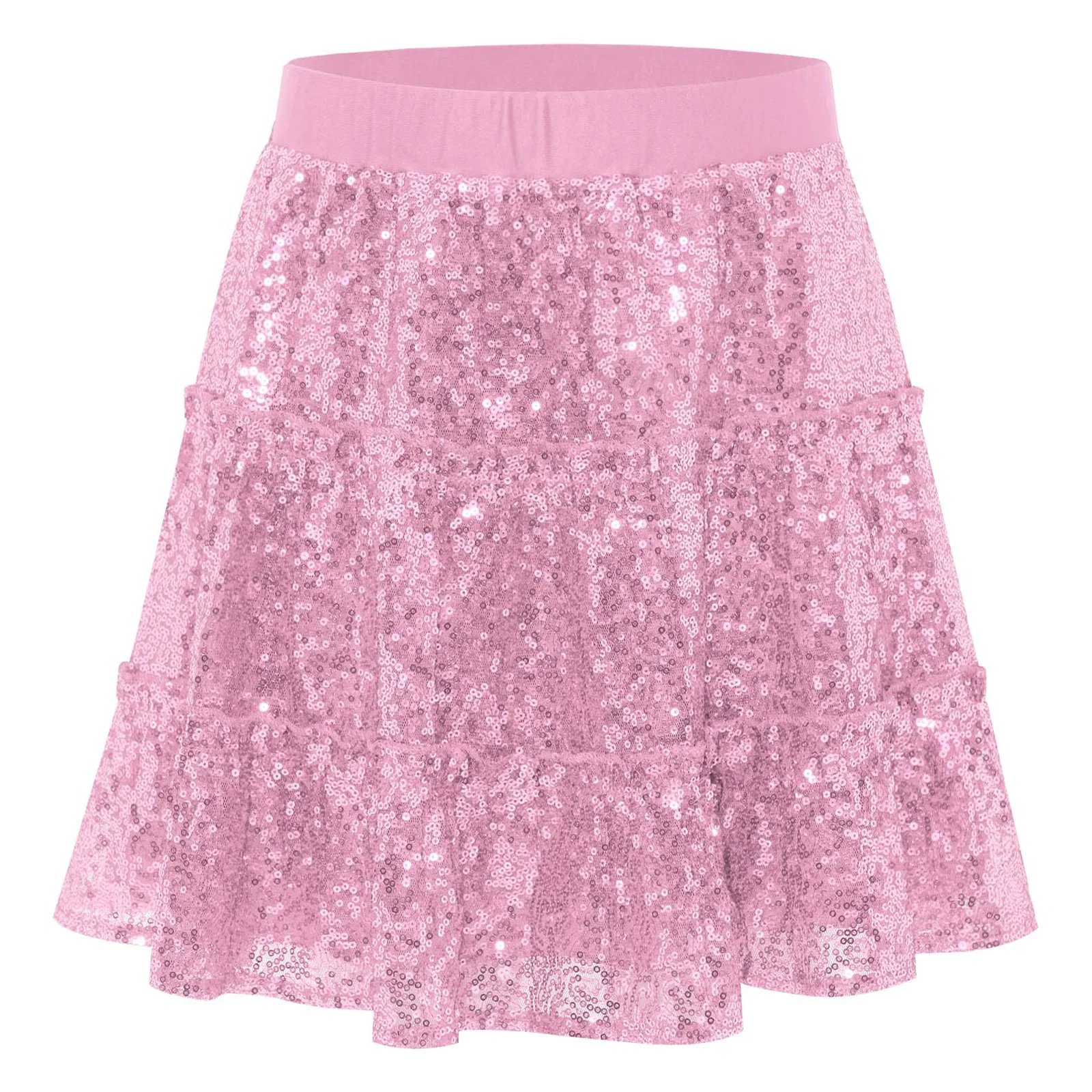 

Kids Girls Jazz Ballet Dance Skirts Elastic Waist Tiered Ruffle Sparkling Sequins Skirt with Lining for Party Stage Performance