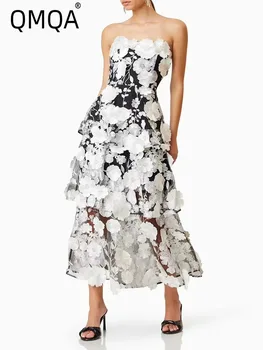 Qmqa אופנה נשים רקומים פרחים שמלות טלאי צבע עבודת טלאי strapless שמלה חדשה 2025 בגדים נשי חדש 1a195