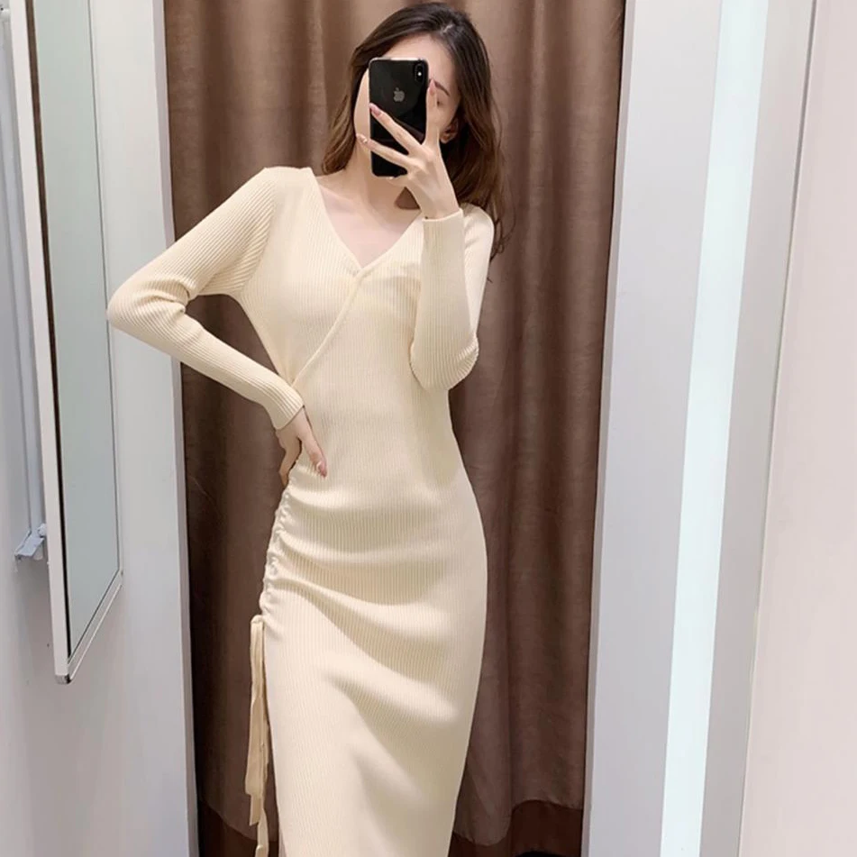 

Lace-up Slim Split Sexy Wrap Hip Dresses 2023 New V-Neck Solid Color Knitted Dresses Women Office Lady Pullover Sweater Dresses