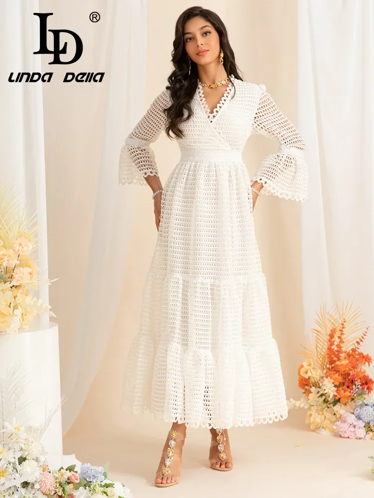 

LD LINDA DELLA 2024 Early Spring Leisure French and American Women's Elegant Hollow Lace Splicing Big Swing Long Dress