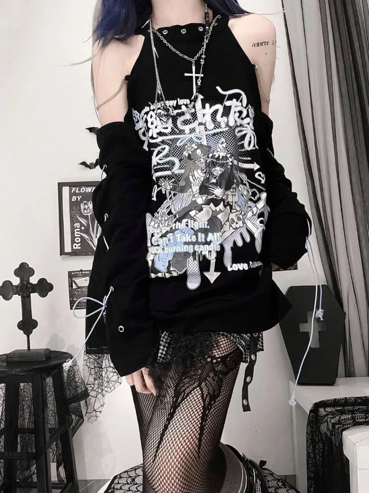 Y2k Aesthetic T-shirt Women Gothic Off Shoulder Long Sleeve Cartoon Print Graphic T Shirts Japanese Harajuku Grunge Tee