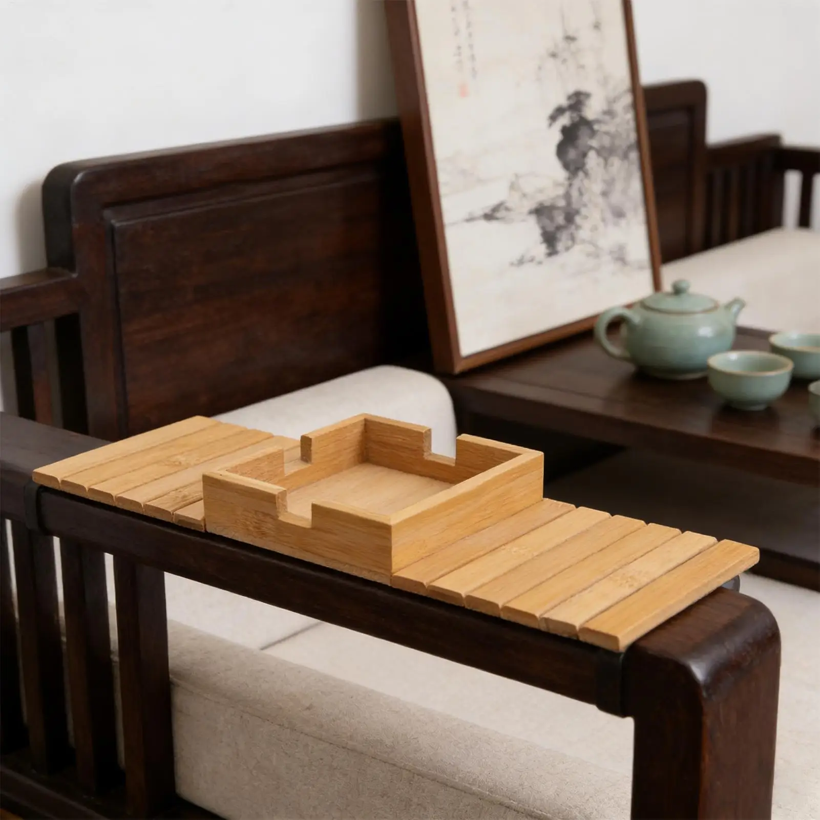 Wooden Couch Armrest Table with Cup Holder Anti-Slip Sofa Arm Tray Snacks Organizer for Living Room Bedroom Couch Protector image 4