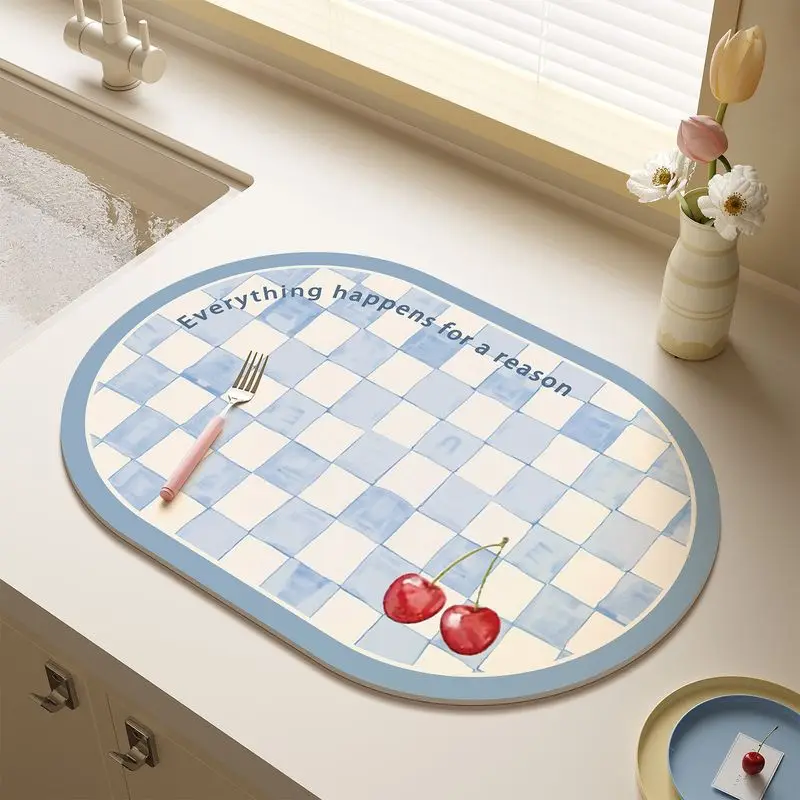 VIKAMA French Checkered Oval Dish Rack Mat Absorbent Quick Dry Sink Countertop Mat Non Slip Kitchen Drain Pad Home Decor