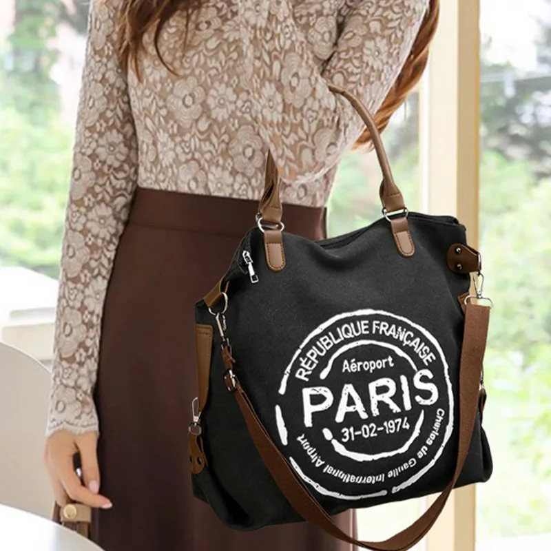 Large Vintage Canvas Handbag - Adjustable Shoulder Strap Vintage Paris Stamp Print - Casual Women's Crossbody Bag